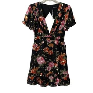 STORIA Anthropologie Floral Dress Black Ruffle Cutout Deep V Neck Mini Sz Small